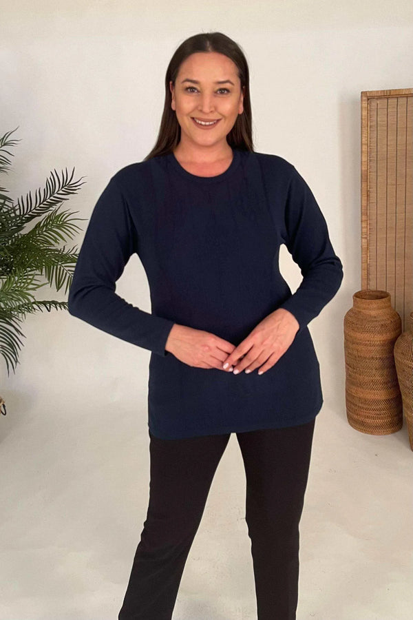 Büyük Beden Kadın Triko Bisiklet Yaka Kazak - Büyük Beden Anne Kazağı Akrilik Anne Bluz Lacivert Düz