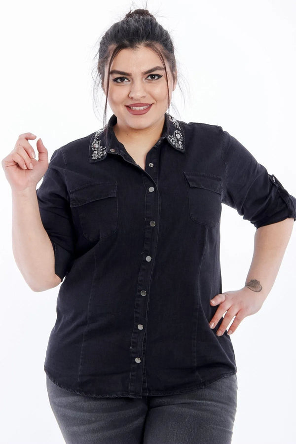 Büyük Beden Kadın Yakası Boncuklu Kot Büyük Beden Gömlek Siyah Kot