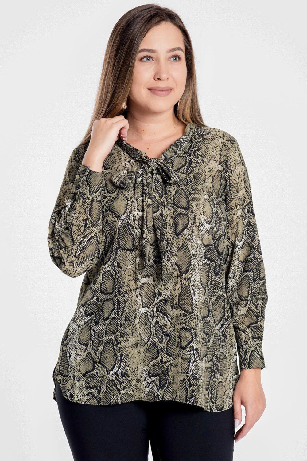 Snake Print Plus Size Blouse with Bow Detail - Image 1