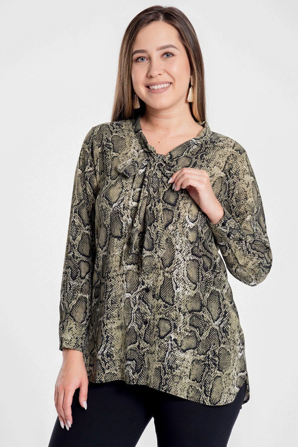 Snake Print Plus Size Blouse with Bow Detail - Image 2