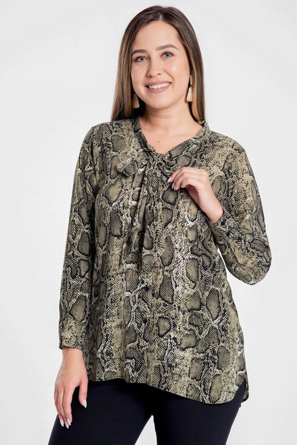 Snake Print Plus Size Blouse with Bow Detail
