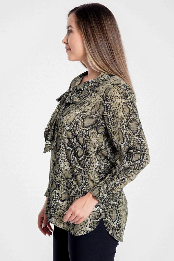 Snake Print Plus Size Blouse with Bow Detail
