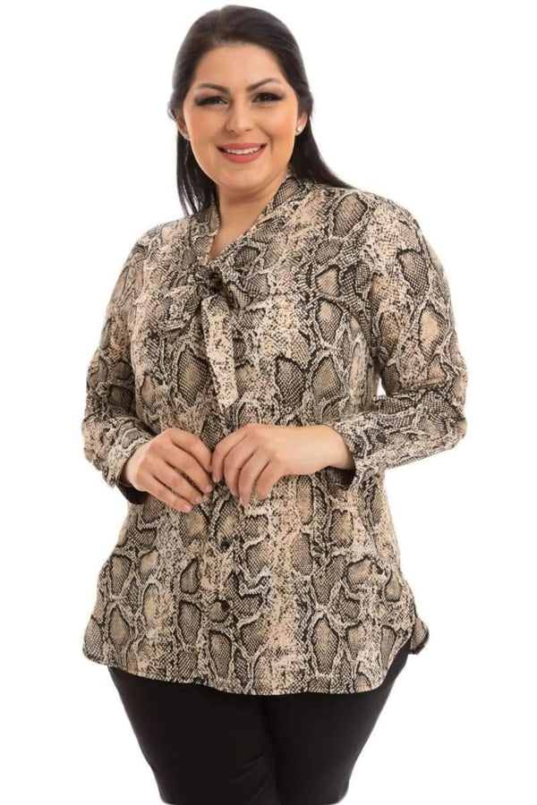 Snake Print Plus Size Blouse with Bow Detail