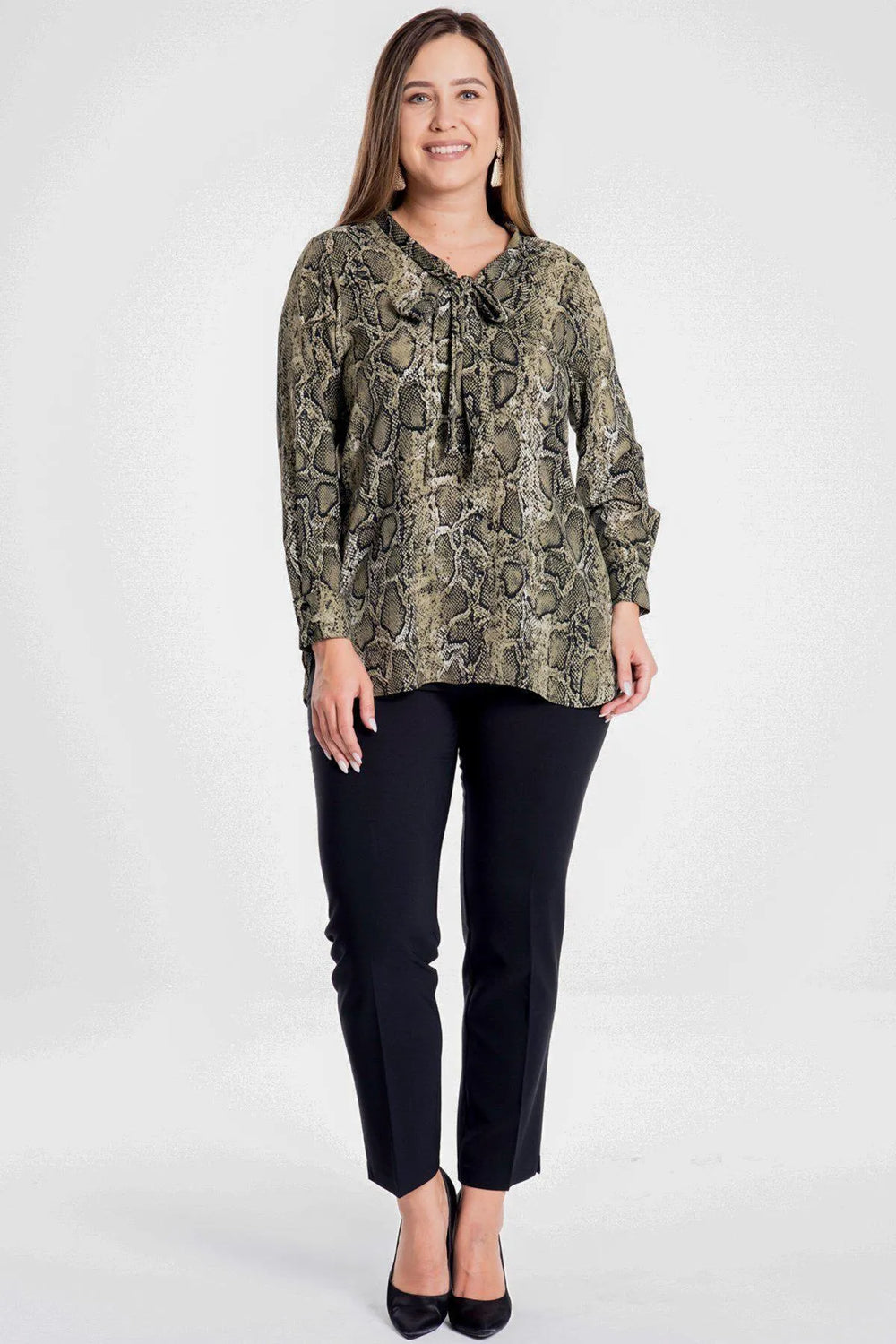 Snake Print Plus Size Blouse with Bow Detail - Image 5