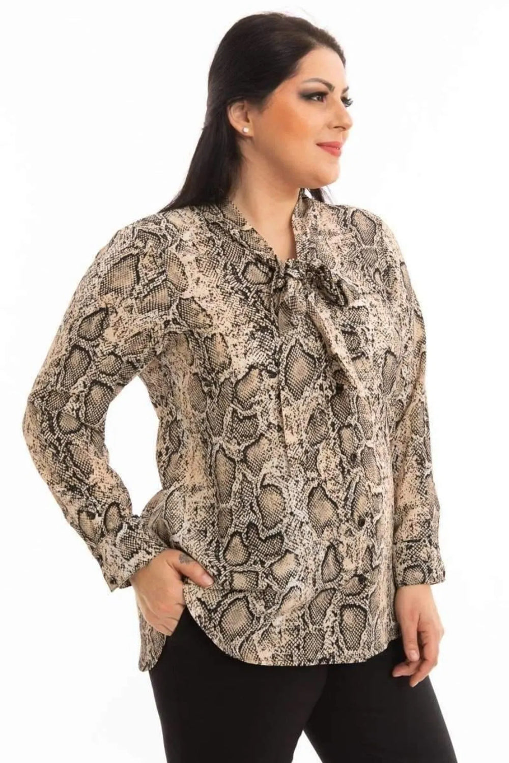 Snake Print Plus Size Blouse with Bow Detail - Image 7