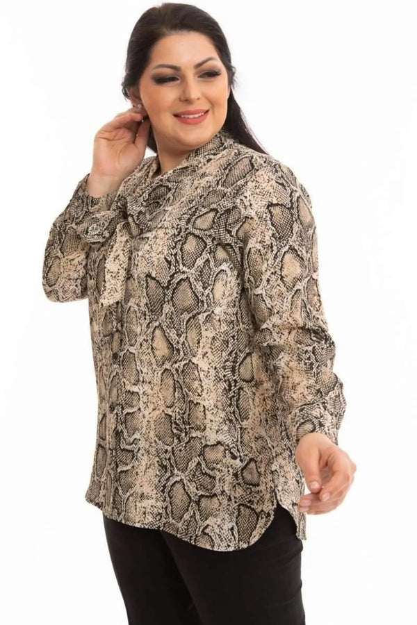 Snake Print Plus Size Blouse with Bow Detail