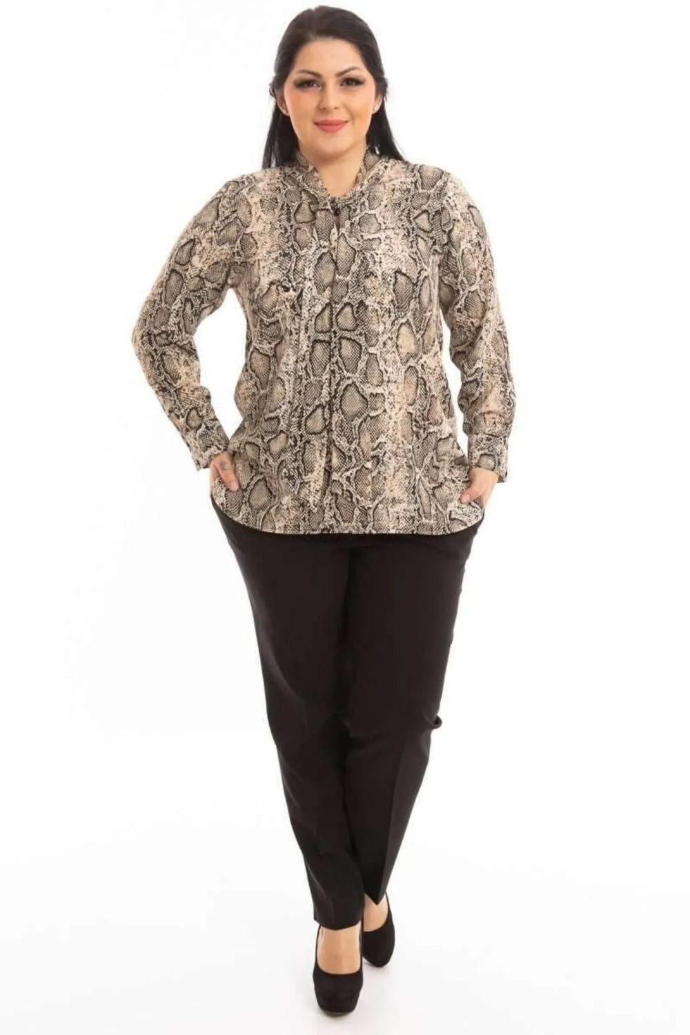 Snake Print Plus Size Blouse with Bow Detail - Image 9