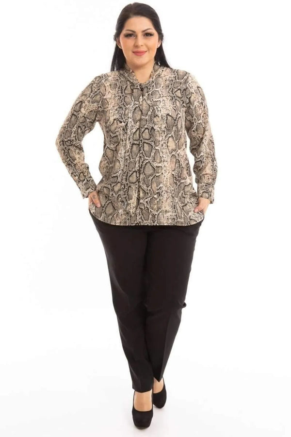 Snake Print Plus Size Blouse with Bow Detail