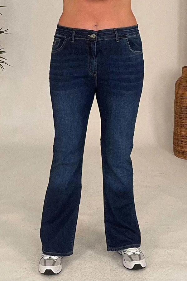 Büyük Beden Kadın Yüksek Bel İspanyol Paça Kot Pantolon - Pamuklu Viskon Kumaş Kot Pantolon Mavi