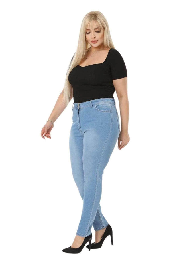 Büyük Beden Kadın Yüksek Bel Likralı Kot Pantolon - Slim Fit Kadın Jean Kot Pantolon Mavi Düz