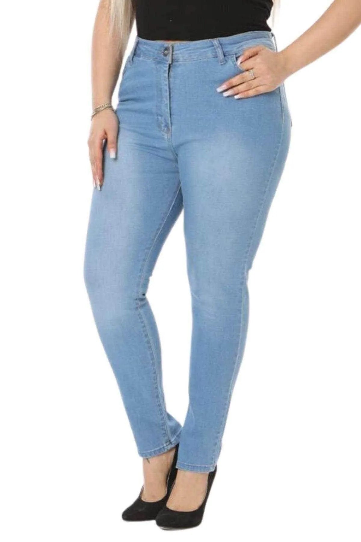Büyük Beden Kadın Yüksek Bel Likralı Kot Pantolon - Slim Fit Kadın Jean Kot Pantolon Mavi Düz