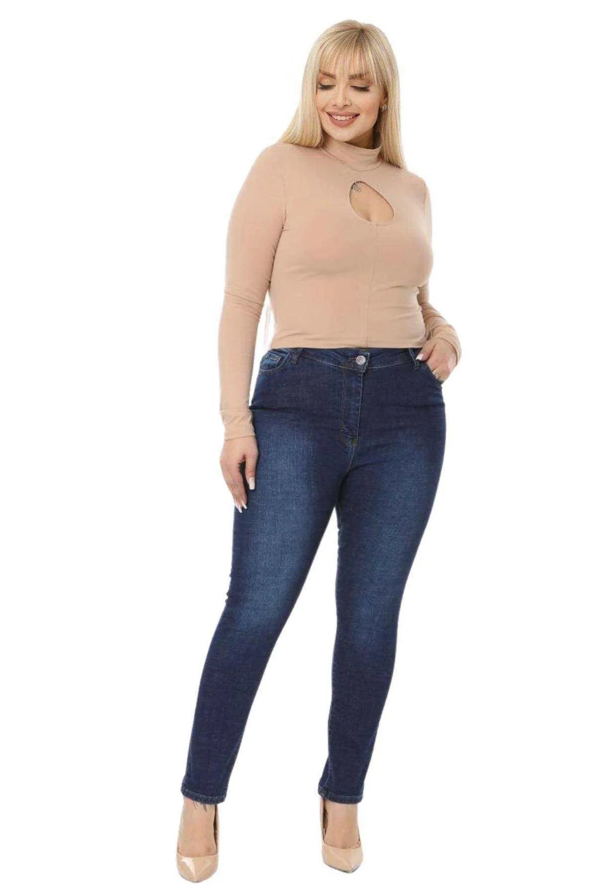 Büyük Beden Kadın Yüksek Bel Likralı Kot Pantolon - Slim Fit Kadın Jean Kot Pantolon Mavi Kot